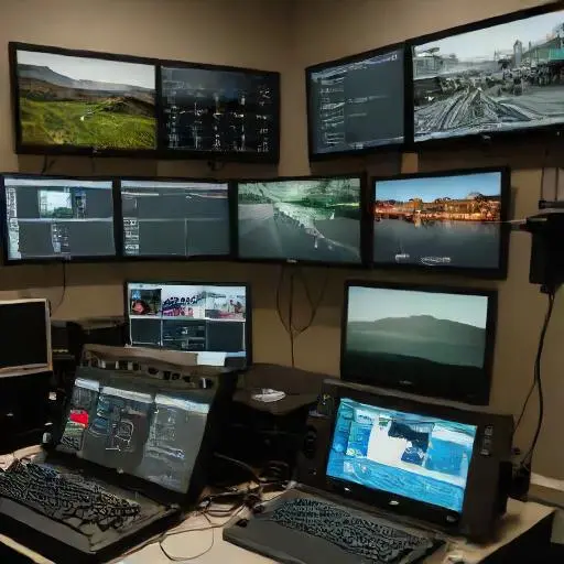 An editing suite with monitors showing footage timelines